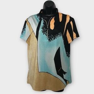 Jamie Sadock Colorblock Multi Print 1/4 Zip Short Sleeve Golf Top Size Large